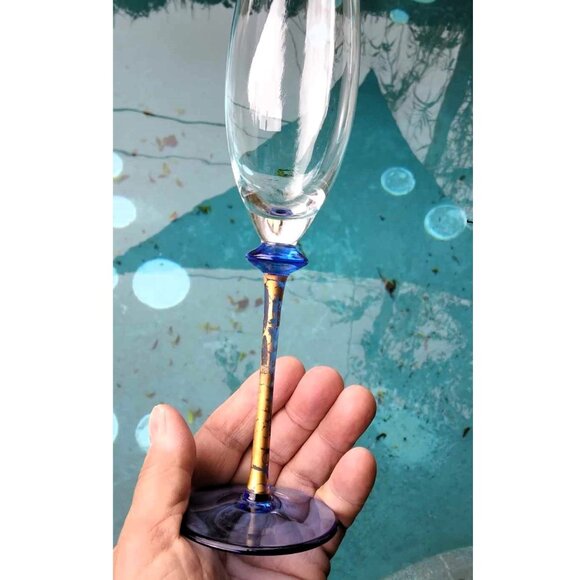 Gorgeous Set of 6 Art Glass Cobalt Blue Gold Painted Stemmed Champagne Flutes - Picture 4 of 10